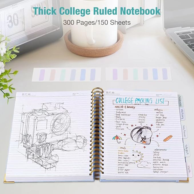 Spiral Notebook, College Ruled Notebook, A5, 300 Page Leather Journals for Writing, 5.7" x 8.5", Hardcover Journaling Notebooks for Work School, 24pcs Tabs, Large Embossed Journal for Women Men, Pink2