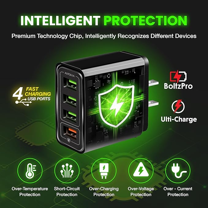 Ulti Charger 4 Ports with Quick Charger Boltz Pro Lightning Fast Charger Fast Charging Block for Smart Phones, Tablets, Devices with Multiple Ports | Wall Charge for Travel & Home