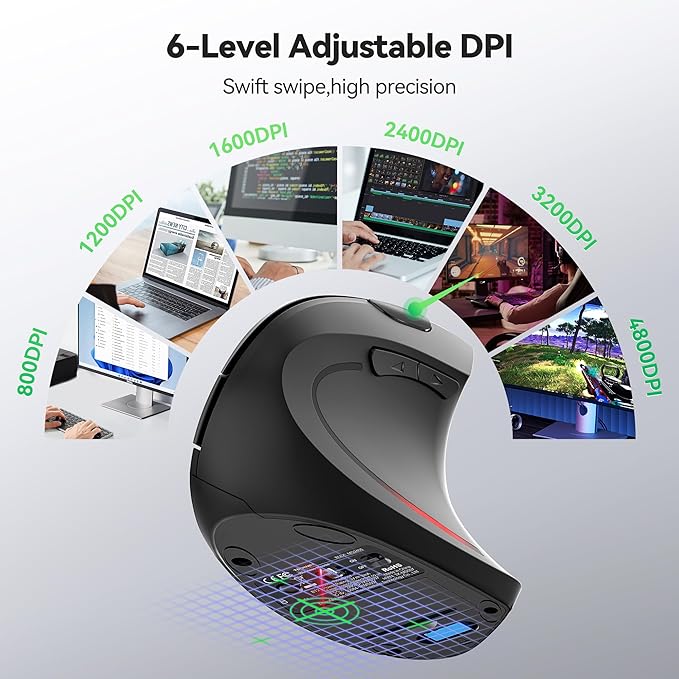 TECKNET Ergonomic Mouse, Jiggler Bluetooth Wireless Vertical Mouse, 4800 DPI Silent Mouse with 6 Adjustable DPI Levels, 2.4GHz (USB A & C) Mouse, 6 Buttons Computer Mice - Wide Compatibility