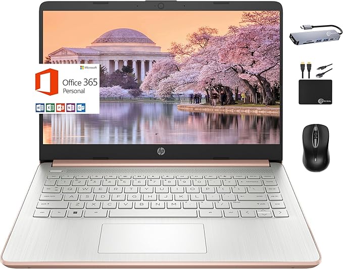 HP 2024 Premium 14" Micro-Edge Portable Laptop Student Business, Intel Quad-Core N4120, 8GB RAM, 256GB (128GB eMMC+ 128GB Card), WiFi, Windows 11S + 1 Year Office 365, MarxsolAccessory Rose Gold