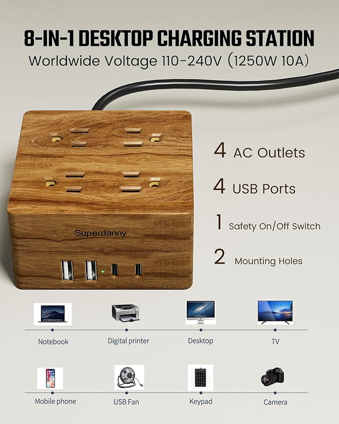 USB Power Strip Surge Protector - SUPERDANNY Desktop Extension Cord with 4 Widely Spaced Outlets & 4 Smart USB Ports, Portable Charging Station for Home, Office, Hotel, Dorm, RV, Faux Walnut Grain