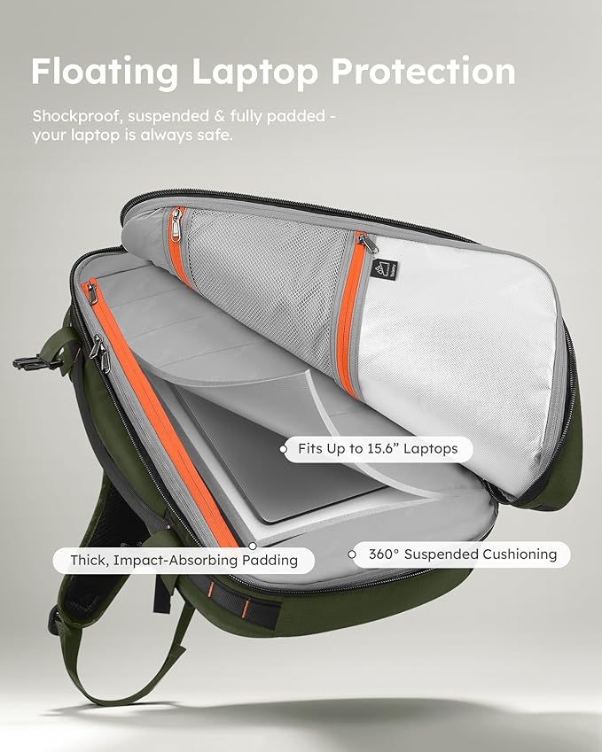 Tolaccea Travel Backpack, TSA Friendly Flight Approved Carry-on Luggage Water-resistant Business Rucksack, Durable Large Computer Bag Daypack Fits 15.6 Inch Laptop, 35-45L Expandable - Green