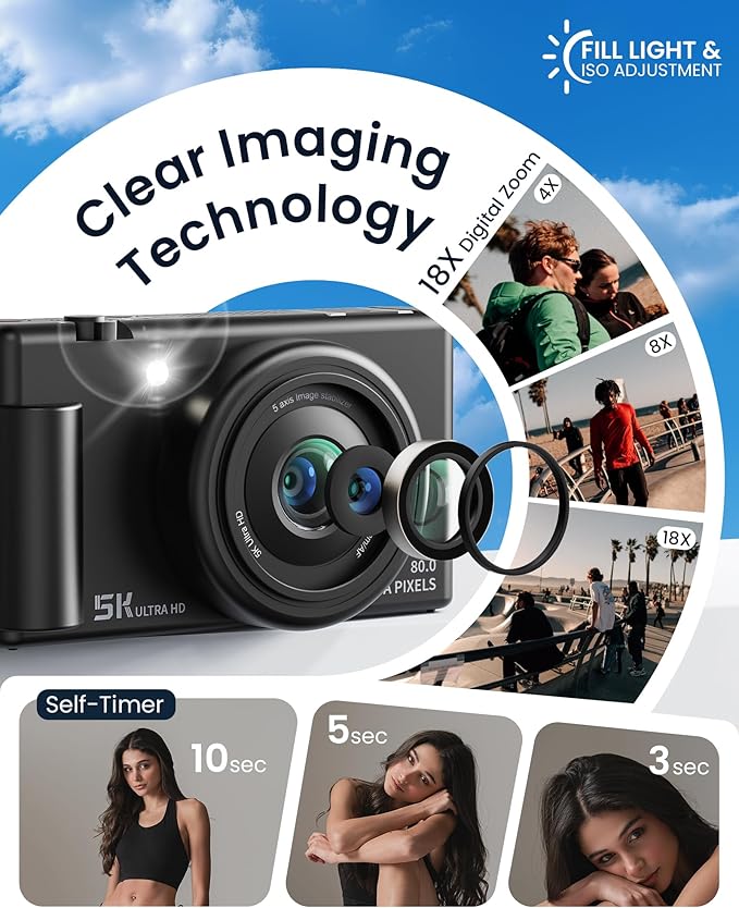 True 5K Digital Camera for Photography, Autofocus 80MP with 18X Digital Zoom 3" 270°Flip Screen Dual-Lens Selfie Camera for YouTube Vlogging & Content Creation, 2 Batteries, 32GB Card & Flash，Black