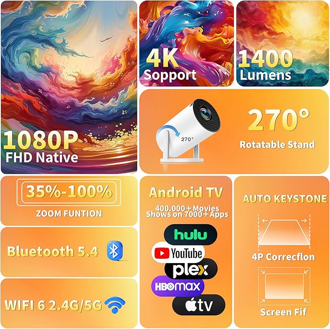 [Built-in Apps & 2025 Upgraded] Mini Projector with WiFi 6 and Bluetooth 5.4 Support 4K 1080P Auto Keystone 270° Rotatable Projector Portable Compatibile with HDMI/TV Stick/Memory Stick - White