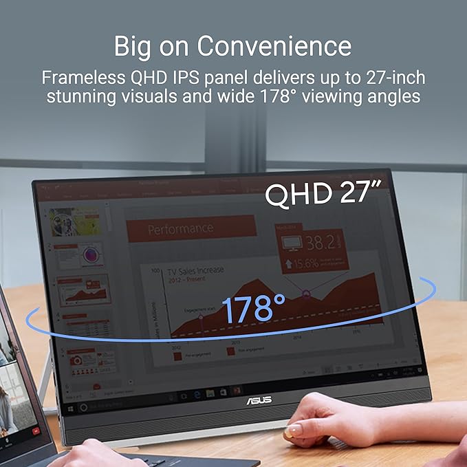 ASUS ZenScreen 27” 1440P Transportable Monitor (MB27ACF) - QHD (2560 x 1440), IPS, 100Hz, USB-C PD 70W, Speakers, Carrying Handle, Kickstand, C-clamp, Sub-woofer, 2.1 Channel Audio, 3 yr Warranty