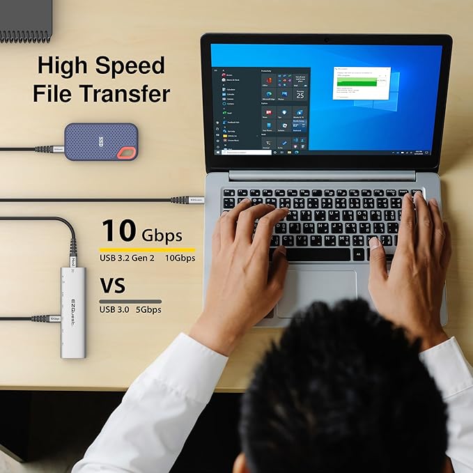 EZQuest USB-C Slim Gen 2 Hub Adapter 6-in-1 1 USB-C 4K/60Hz Video, 4 USB-C Gen 2 10Gbps, and 1 USB-C Power Delivery 3.0