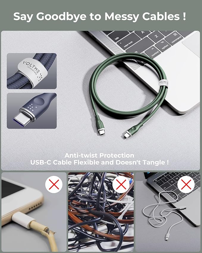 VOLTME USB C Cable (6ft 100W, 2-Pack), Premium Nylon USB C to USB C Cable 2.0, Type C Charging Cable Fast Charge for iPhone 17/16/15 Series,Galaxy S25/S24/S23,MacBook Pro 2020,and More(Green)