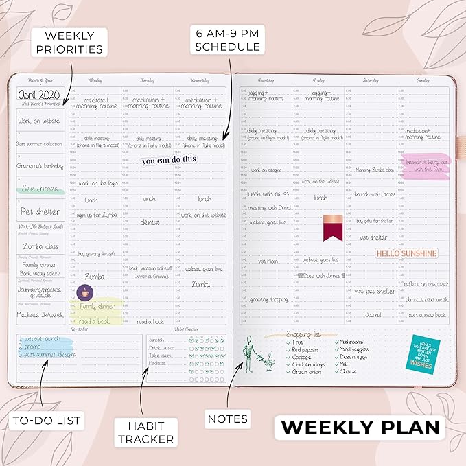 GoGirl Planner PRO Schedule - Undated Planner with Hourly Time Slots, Monthly, Weekly & Daily Organizer, Appointment Book for time Management, 7"x10" Hardcover, Lasts 1 Year - Rose Gold