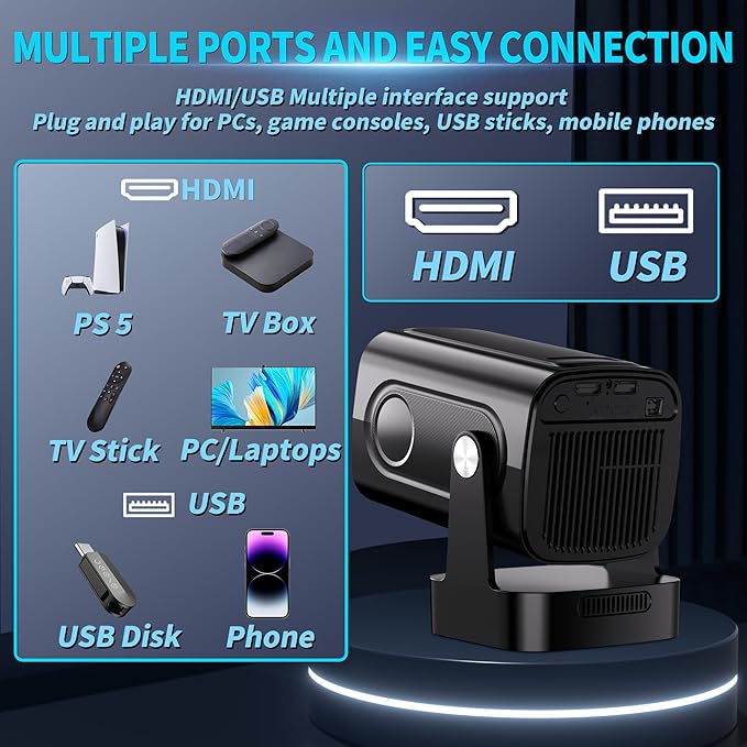 【Built-in Apps】Mini Projector 1080P with WiFi 6 and Bluetooth 5.4, 4K Full HD Projector Features Auto Focus & Keystone, Portable Projector Support 270° Rotatable, Compatible with Phone/HDMI/USB-Black