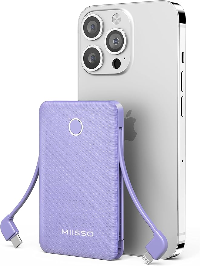 miisso 6000mah Ultra Slim Built in Cables Power Bank, Card Size Built in USB C Cords Battery Pack Portable Charger for Phones, 3 Output External Battery Pack Compatible with iPhone, Samsung, Purple
