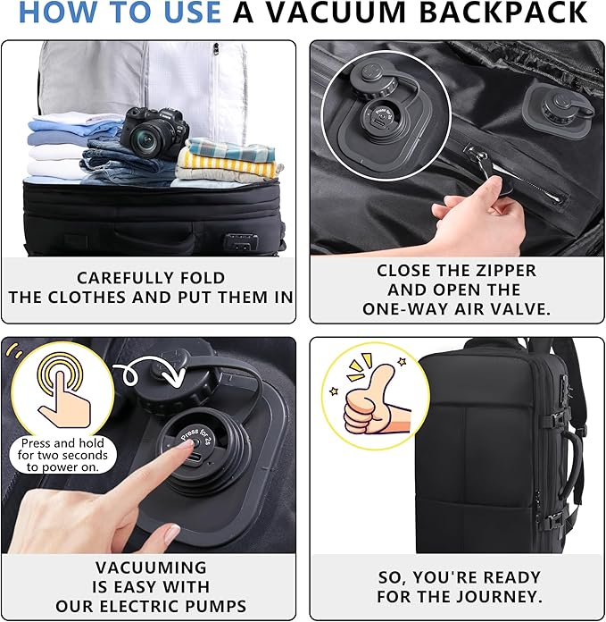 Vacuum Backpack Travel,80L Exapandable Air Compression System,Water Resistant & TSA Anti Theft,Strong Sealing,Available for boarding, Ideal for Travel/Laptop, Black(Vacuum Pump Included)