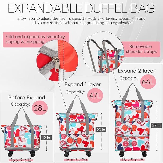 VOOWO Rolling Duffel Bag with Wheels - Foldable Expandable Duffle Bag with Wheels for Travel, Rolling Luggage Bag Wheeled Carry On Bag, Large Rolling Backpack Weekend Bags for Men Women (Love)