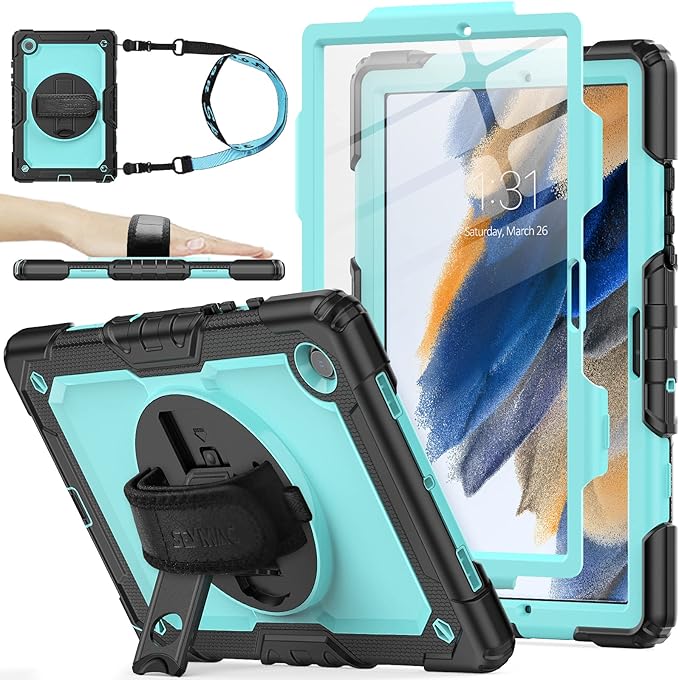 SEYMAC stock Case for Samsung Galaxy Tab A8 10.5'', Full-Body Drop Protection Case with Screen Protector Pencil Holder [360° Rotating Hand Strap] &Stand, SkyBlue+Black