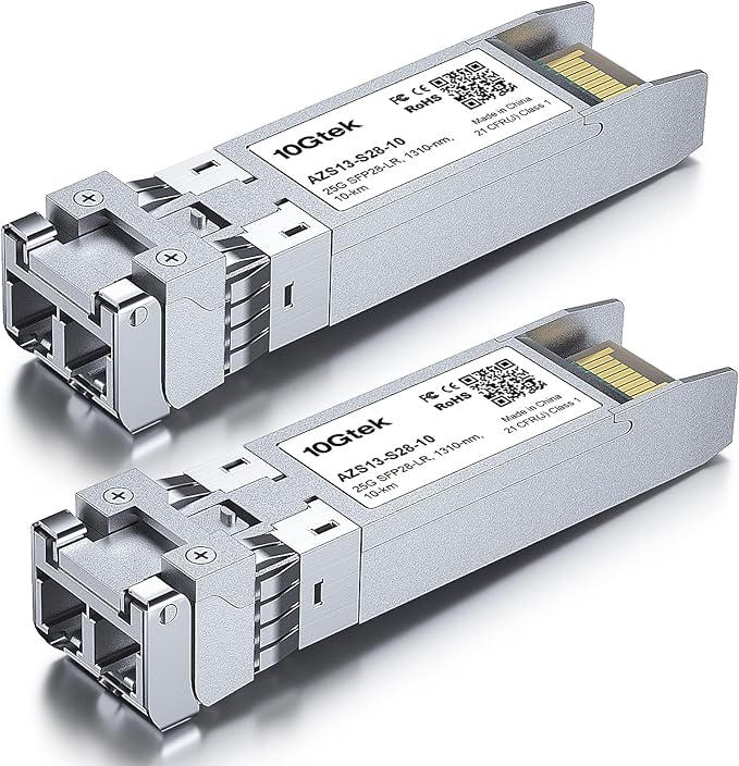 10Gtek 25G SFP28 SFP+ Transceiver, 25GBase-LR Duplex LC SMF Optical Module for Cisco SFP-25G-LR-S, 1310nm, DDM, up to 10km, Pack of 2