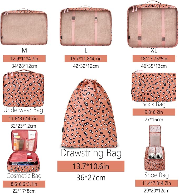 BAGAIL 8 Set Packing Cubes Luggage Packing Organizers for Travel Accessories-Pink Leopard