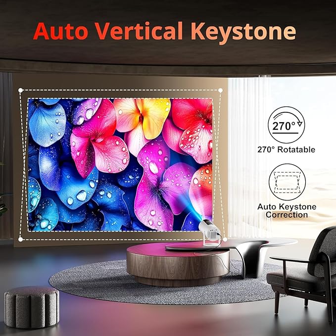 Projector with WIFI and Bluetooth, Auto Keystone 180ANSI Native 1080P Outdoor Movie Portable Projector Compatible with Smartphone, HDMI, USB, AV, TV Stick, PS5 for Home, Bedroom, Outdoor Use