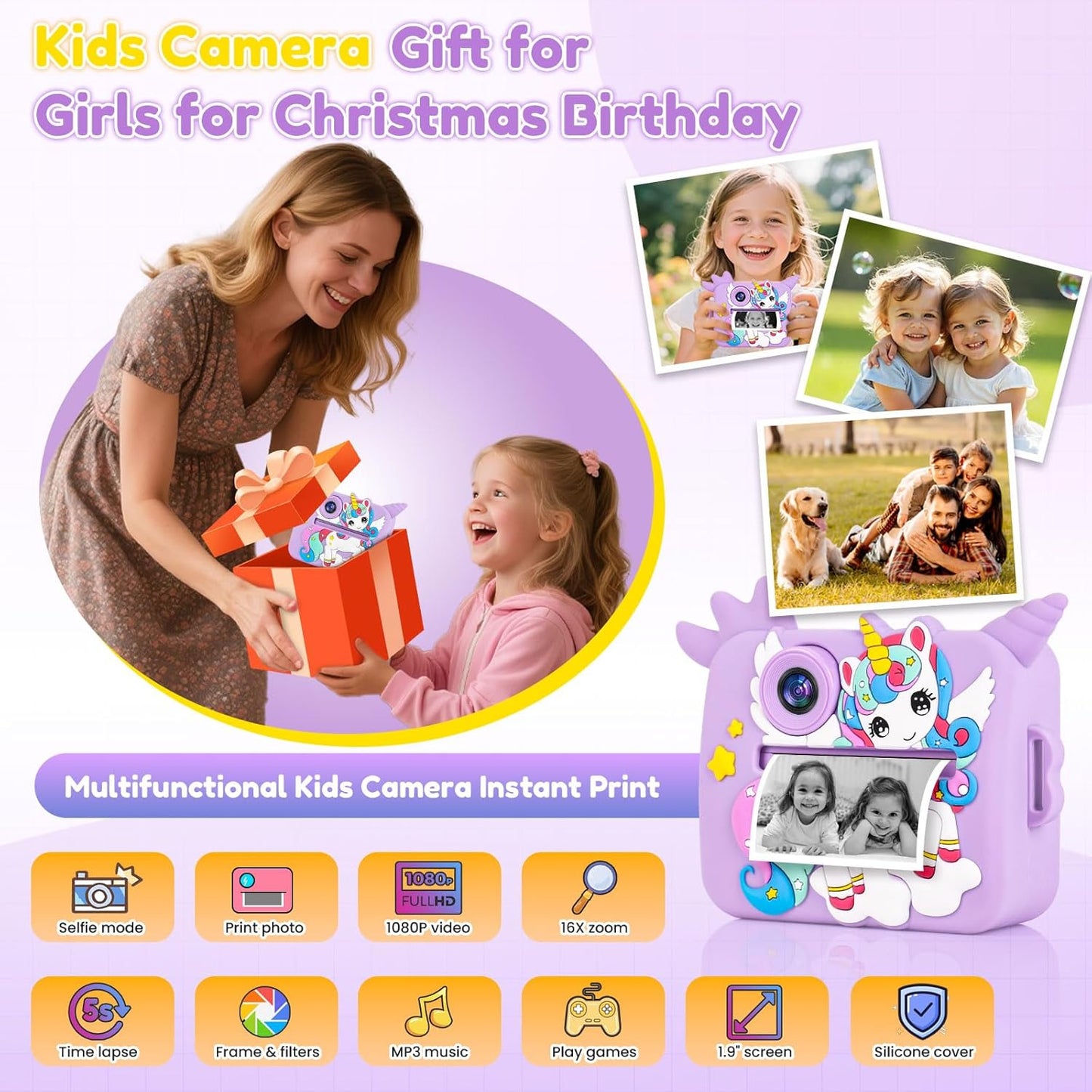 OTJ Kids Camera Instant Print - Selfie Children Digital Camera Toy That Print Photos Christmas Birthday Gifts for Ages 3-12, 4 5 6 7 8 9 10 Year Old Girls Toddler, Travel Portable Video Cameras
