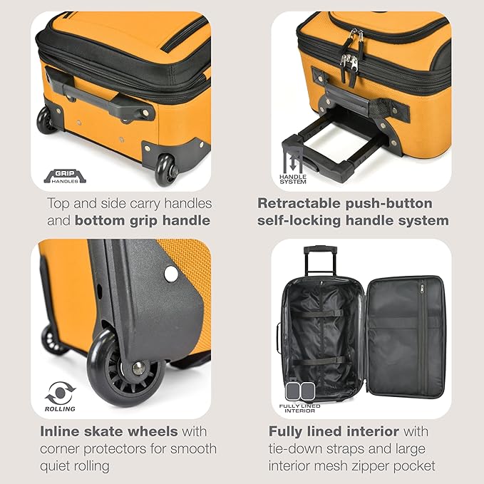 U.S. Traveler Rio Fabric Expandable Carry-on Luggage, Rolling Suitcase, Orange, 2 Wheel Set