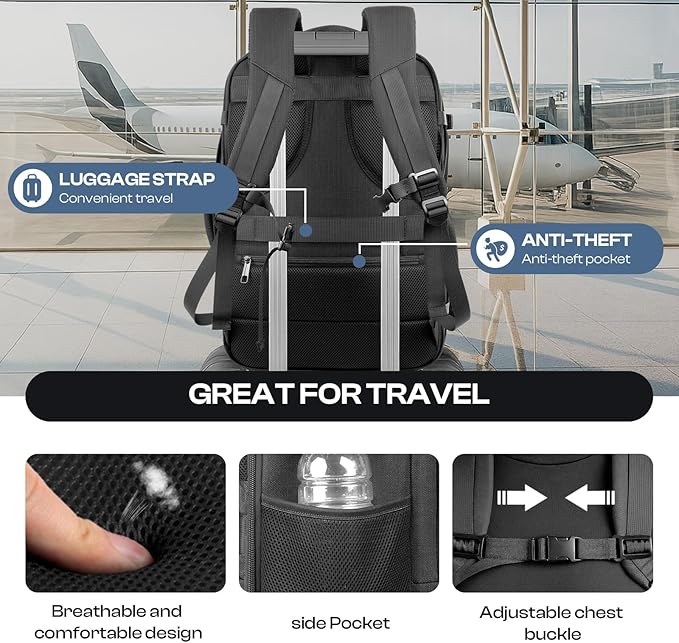 Carry on Backpack, 50L Expanable Travel backpack,TSA Airplane Approved, Daypack Weekender Bag Fits 17 Inch Laptop, Travel Gifts for Men, Black