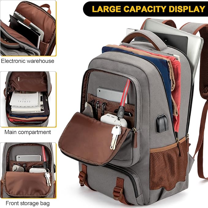 Tzowla Canvas Laptop Backpack, Bag for Men Women,Travel Work Rucksack Fits 17.3 Inch Laptop, Bookbag with USB Charging Port