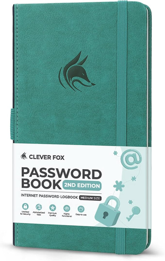 Clever Fox Password Book 2nd Edition – Hardcover Password Keeper with Alphabetical Tabs – Internet Address Notebook & Login Details Organizer Journal – 4.1x7.6” (Aquamarine)