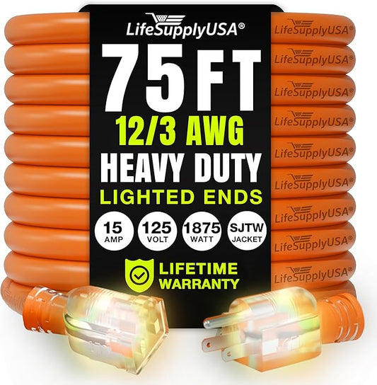 75ft Outdoor/Indoor Extension Cord 12/3 Gauge Extra Heavy Duty 3 Prong SJTW, Waterproof, Flexible Cold-Resistant Long Power Cord,15A 125V 1875W, Orange by LifeSupplyUSA