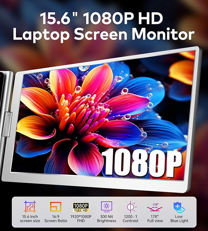 FOPO 15.6" Laptop Screen Extender Monitor Portable, Quad Monitor, Just 1 Cable for 3 Screens, FHD 1080P IPS Laptop Extender Compatible with Wins/Mac for 13.6" - 17.3" Laptops