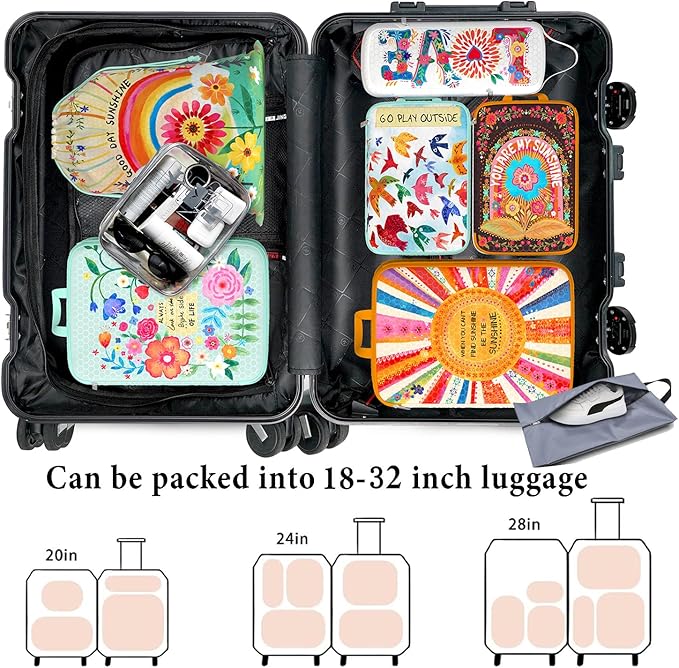 Compression Packing Cubes for Travel, 8 Set Natural Life Luggage Organizers, Waterproof Expandable/Compression Bags Bohemia Travel Packing Cubes with Clear Toiletry Bag and Shoe Bag