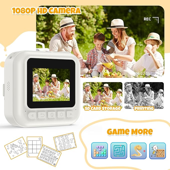 Kids Camera Instant Print Birthday Gifts for Girls Age 3-8, Toddler Cameras Travel Selfie Video Camera Toys Instantcamera for Kids with Color Pens (White)