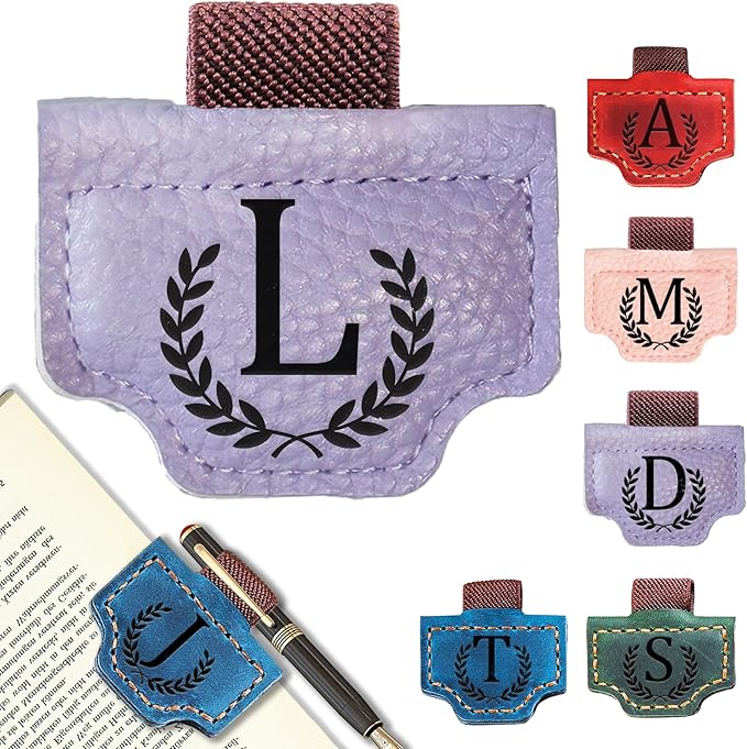 Personalized Bygone Mark Bookmark with Pen Holder, Leather Magnetic Bookmark 26 Letters Name Initial Bookmarks for Readers, Book Lover Gifts for Women Men Notebook Accessories (Purple, L)