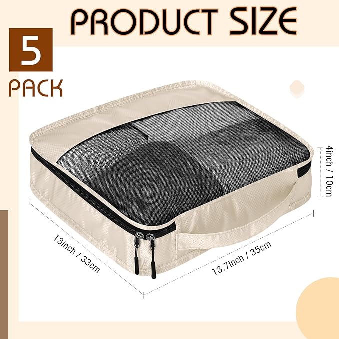 5 Pcs Packing Cubes for Suitcase Large Travel Cubes Carry on Luggage Organizer Bags for Clothes Accessories(M,Khaki)
