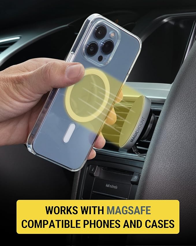Scosche MPQMRDV MagicMount Charge Pro Qi2 MagSafe Car Mount Charger, 15W Fast Magnetic Wireless Charging Phone Holder for Dashboard/Vent Compatible with iPhone 16/15/14/13/12 Pro Max Plus, Samsung S25