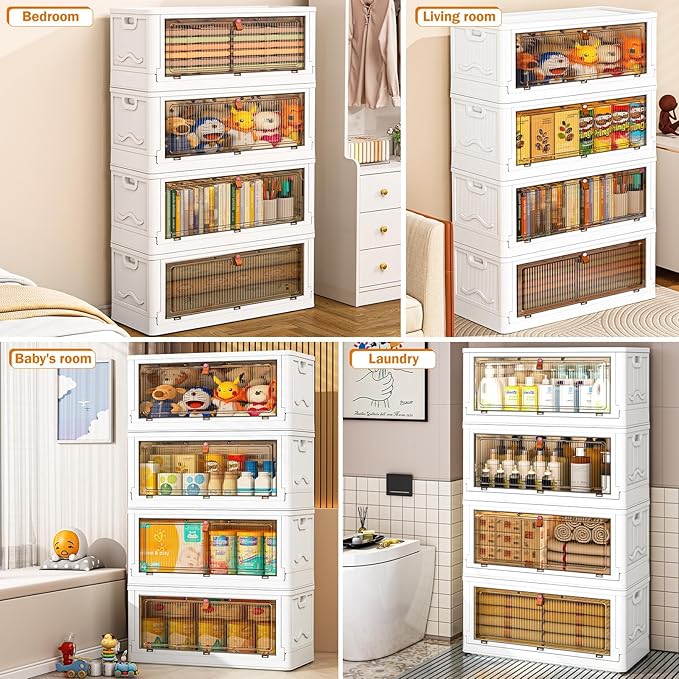 4 Tier Storage Bins with Lids 102QT - Stackable Containers with Wheels, Folding Boxes, Stackable Storage Bins, Closet Organizers