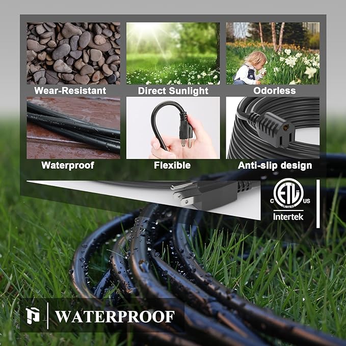 PLUGTUL 10 FT Outdoor Extension Cord Waterproof 16/3 Black Heavy Duty 3 Prong Extension Cord, 13A 1625W SJTW, ETL Listed, Great for Garden and Home