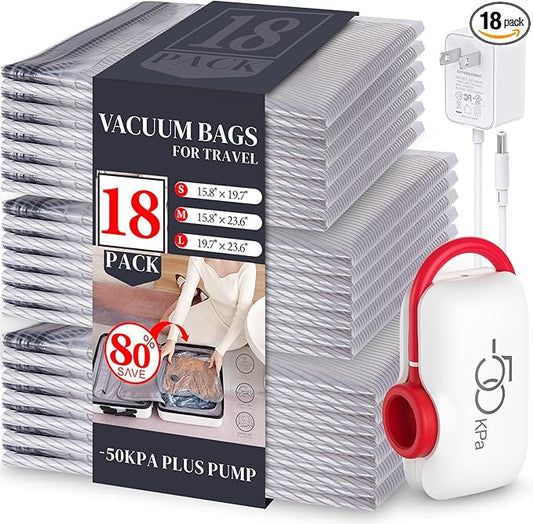 VMstr 18 Pack Travel Vacuum Storage Bags with High Pressure Electric Pump(DC Power), Carry-on Size Space Saver Compression Bags for Clothes, Luggage & Packing