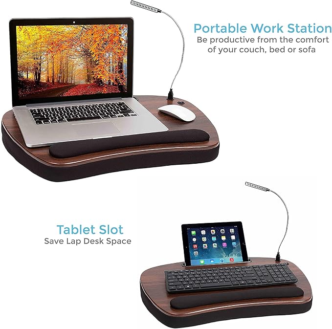 SOFIA SAM Oversized Wood Top Memory Foam Lap Desk - Padded Laptop Desk for Bed, Couch, Recliner, Portable Tray, Mouse Pad, Soft Table for Home, Travel, Fits Tablets and Laptops Up to 20 inches - Black