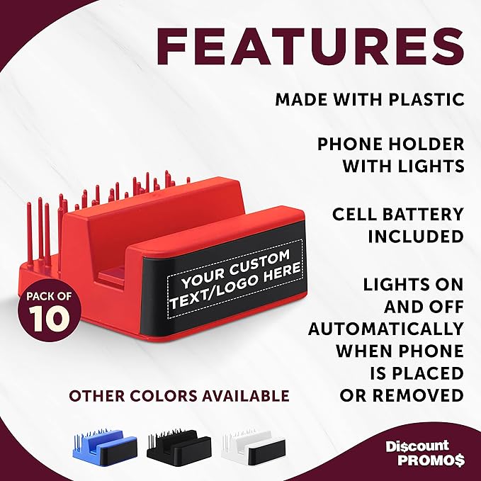 DISCOUNT PROMOS Custom Light Up Logo Phone Stands Set of 10, Personalized Bulk Pack - Essential Smartphone Accessory, Perfect for Office and Home - Red