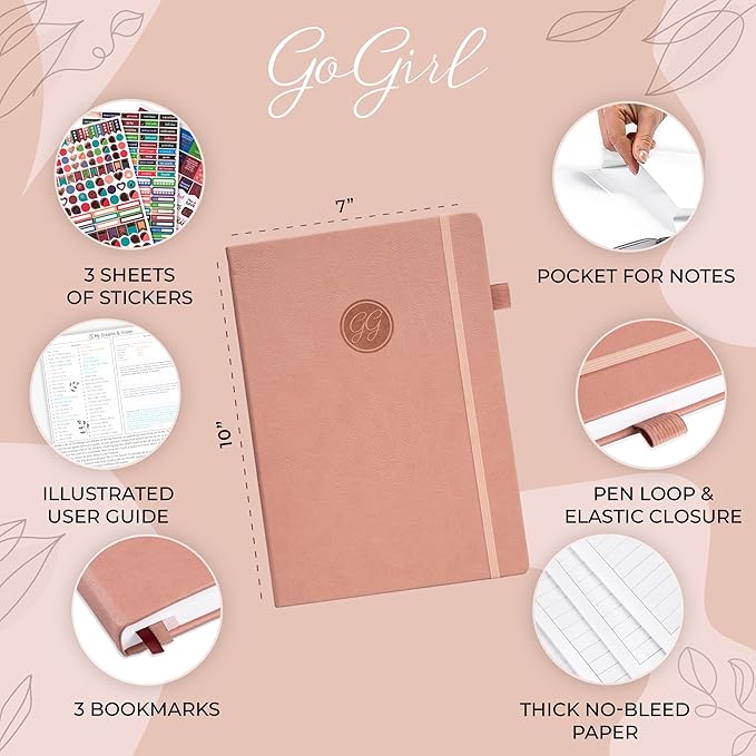 GoGirl Planner PRO Schedule - Undated Planner with Hourly Time Slots, Monthly, Weekly & Daily Organizer, Appointment Book for time Management, 7"x10" Hardcover, Lasts 1 Year - Dusty Pink