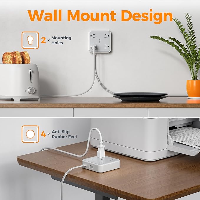 Extension Cord 10 ft, TESSAN Surge Protector Power Strip Long Cord with 3 USB(1 USB C) 4 Outlets, 900 Joules Protection, Small Desktop Multiple Charging Station for Home School Dorm Room Office, Grey