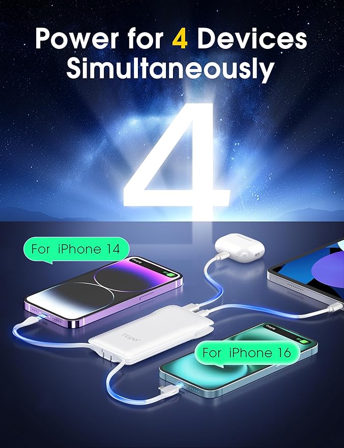 TG90° Portable Charger Power Bank with Built-in AC Wall Plug and Cables, 10000mAh USB C External Battery Charger Compatible with iPhone and Android Phones