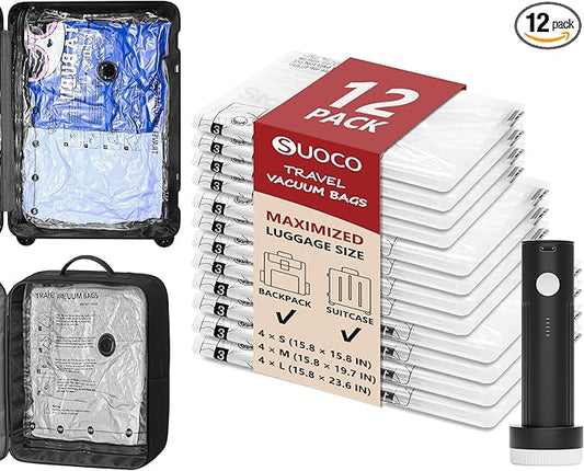 SUOCO Travel Vacuum Seal Bags for Clothing with Rechargeable Electric Pump, 12 Pack Compression Packing Bags for Luggage Suitcase Backpack, Carry-on Size Space Saver Storage