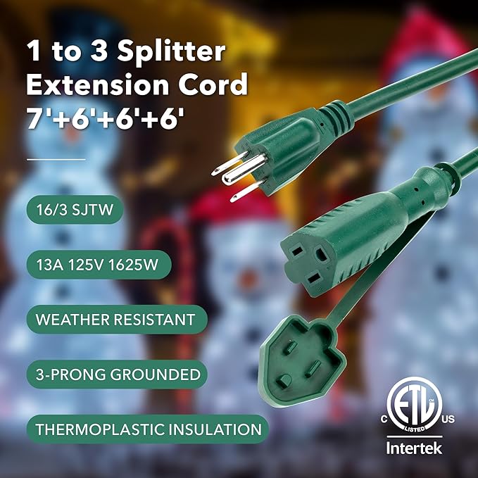 BN-LINK Outdoor Extension Cord 1 to 3 Splitter, Max 13 ft Extension(25 ft Total), Multi Outlet Power Cord, 16/3 SJTW Weatherproof for Lighting, Landscaping & Holiday Decorations, Grounded, ETL Listed