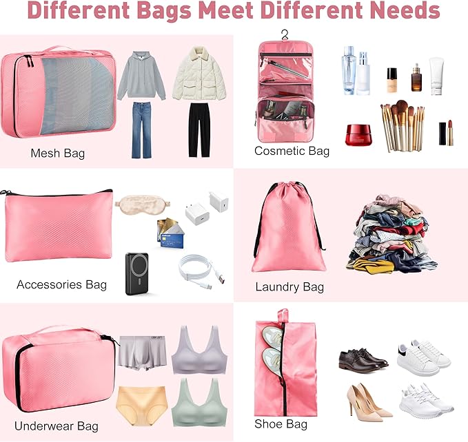 8-Piece Packing Cubes for Travel, Mesh Luggage Organizers with Shoe Bag, Toiletry Bag, Laundry Pouches, 4 Sizes (XL/L/M/S) for Suitcase Organization, Men Women Kids, Pink