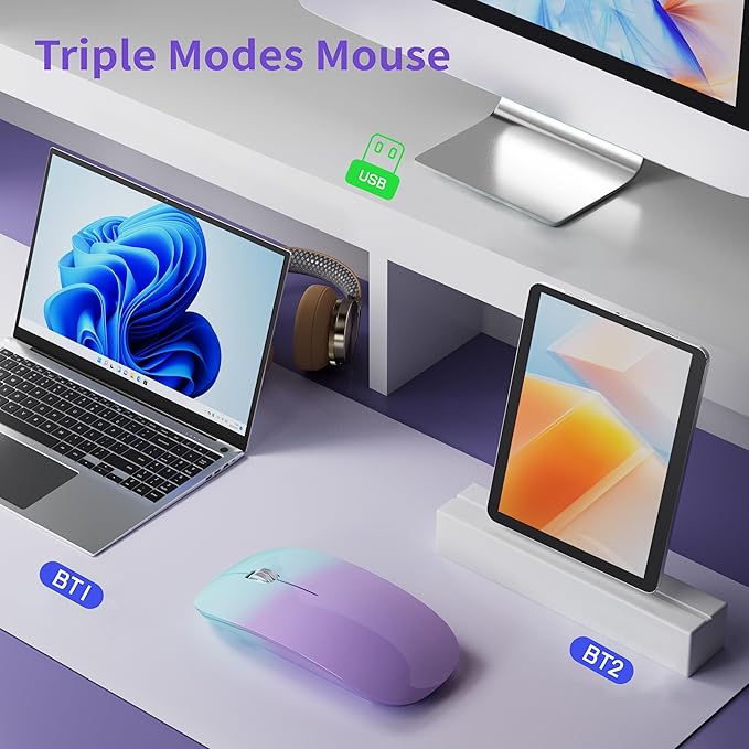 TENMOS M18 Bluetooth Mouse, USB C Rechargeable Wireless Mouse, Triple Mode (Dual Bluetooth+USB) Silent Mice Portable with USB Receiver and Type C Adapter for Laptop/MacBook/iPad - Green and Purple