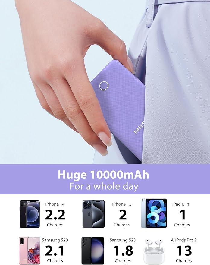 miisso 10000mAh Slim Portable Charger with Built in Cable, Power Bank Travel Charger External Battery Pack for Phone, 4 Output USB Type C Cord Clutch Charger Compatible with iPhone, Purple