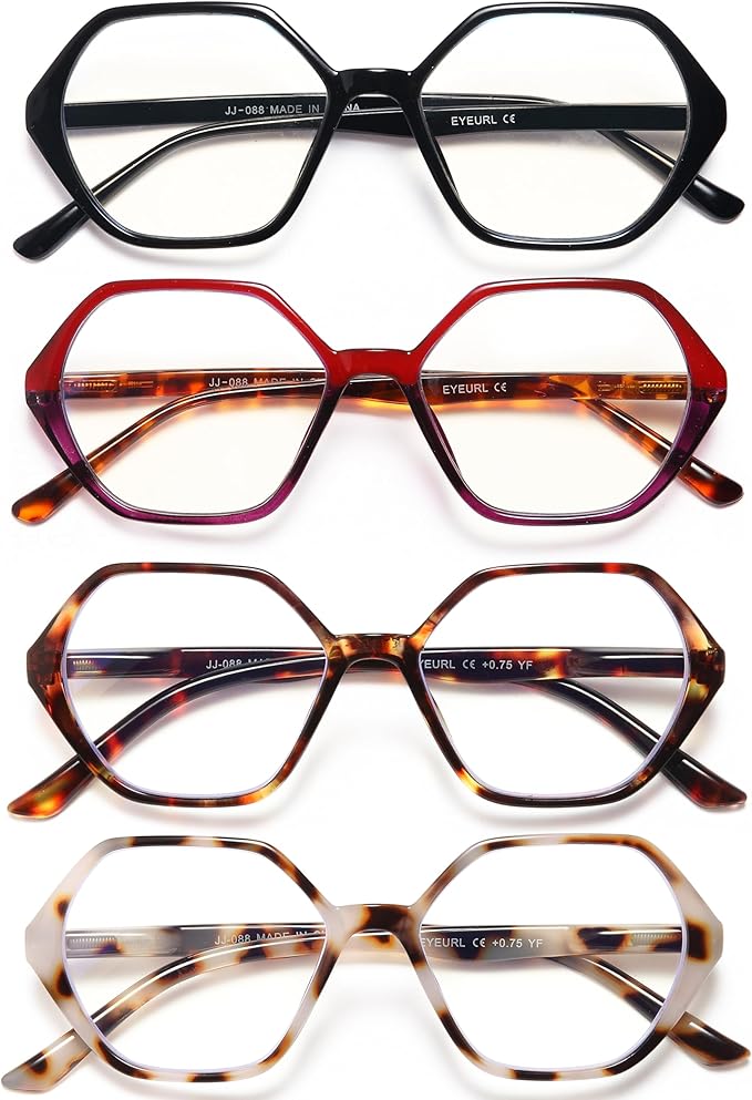 EYEURL 4-Pack Reading Glasses for Women Blue Light Blocking Reading Glasses Vintage Design Diamond-Shaped Frame Spring Hinge Readers for Women Men Anti Glare Filter Lightweight Eyeglasses,0.0