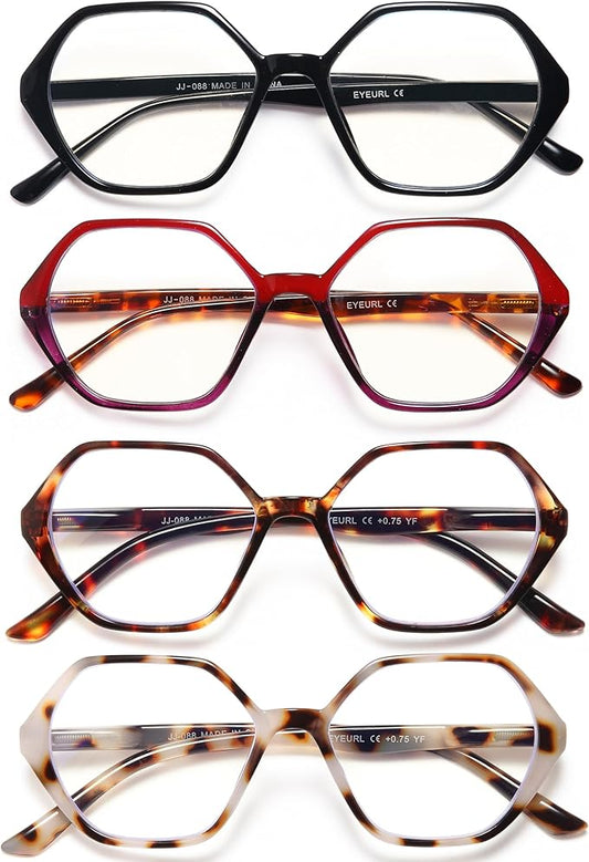 EYEURL 4-Pack Reading Glasses for Women Blue Light Blocking Reading Glasses Vintage Design Diamond-Shaped Frame Spring Hinge Readers for Women Men Anti Glare Filter Lightweight Eyeglasses,0.5