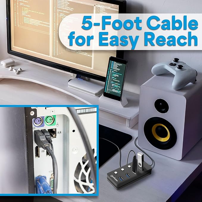 4 Port USB Extension Cable Hub with (5ft Long Cord) – USB 3.2 Powered USB Splitter On/Off Switches – USB Extender/Multiport Adapter for Desktop Computer, Laptop, PC Accessories