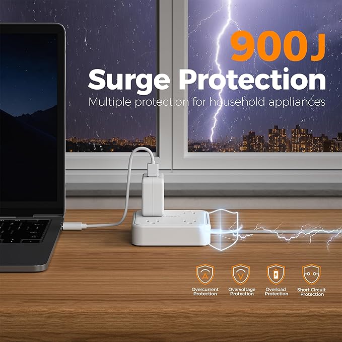 Surge Protector Flat Extension Cord 5FT, TESSAN Flat Plug Power Strip with 4 Outlets 3 USB C Ports (1 USB C), 900 Joules Protection, Multiple Wall Outlet Extender Suitable for Home Office Dorm, White