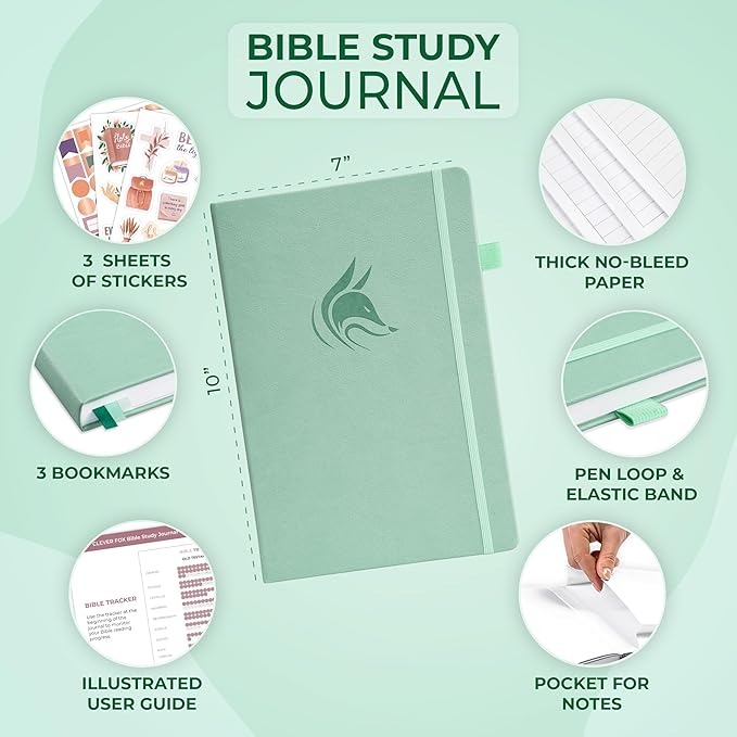Clever Fox Bible Study Journal Large – Church Notes Notebook – Note Taking & Journaling Kit – Faith Based Religious Accessories, 7x10” (Mint Cream)
